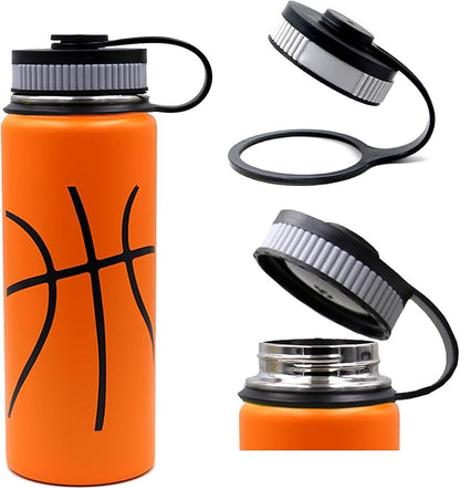 18 oz Basketball Water Bottle, Sports Canteen Metal Travel Tumbler with 2 Lids 18/8 Stainless Steel Double Wall Vacuum Insulated Water Bottles (18oz, Basketball)