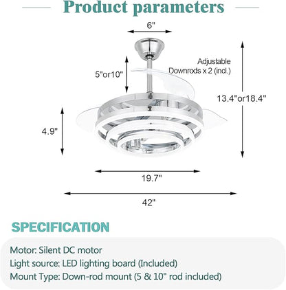 42" Retractable Ceiling Fan with Lights & Remote - Silent DC Motor Modern Ceiling Fan - 6 Speed LED Fan for Bedroom living room Kitchen