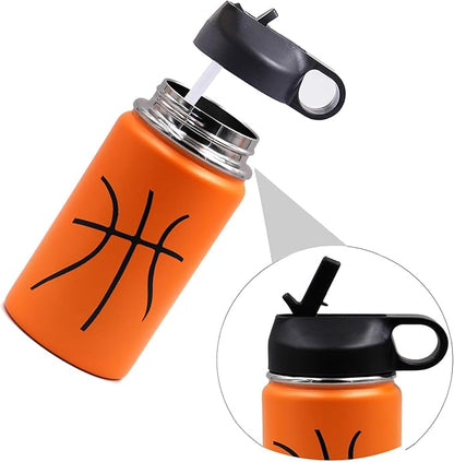 12 oz Basketball Water Bottle, Sports Canteen Metal Travel Tumbler with 2 Lids 18/8 Stainless Steel Double Wall Vacuum Insulated Water Bottles (12oz, Basketball)