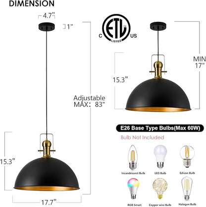 18 Inch Black Farmhouse Pendant Lights Large Pendant Lights for Kitchen Island Industrial Adjustable Height Vintage Big Dome Hanging Light Fixtures for Barn, Dining Room