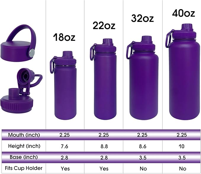 18oz Insulated Water Bottle ，Stainless Steel Sports Water Cup Flask with 2 Lids, Wide Mouth Travel Thermal Mug,Outdoor Sports Bottle（Purple）