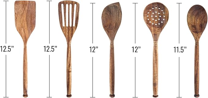 5pc Solid Acacia Wooden Kitchen Utensils Set Cooking Baking Home Essentials, 12 Inch