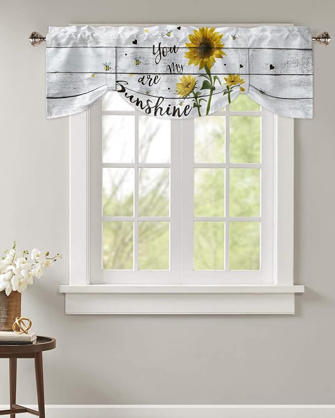 Sunflower Blackout Tie Up Valance Curtains for Kitchen Windows Farmhouse Rustic Vintage Wood Window Toppers Balloon Shades for Living Room/Bathroom/Bedroom,1 Panel,42" X 12" You are My Sunshine