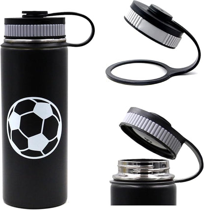 18 oz Soccer Water Bottle, Wide Mouth Travel Sports Flask with 2 Lids（Straw Lid+Flex Cap）BPA Free 18/8 Stainless Steel Double Wall Vacuum Insulated Water Bottles (18oz, Soccer)