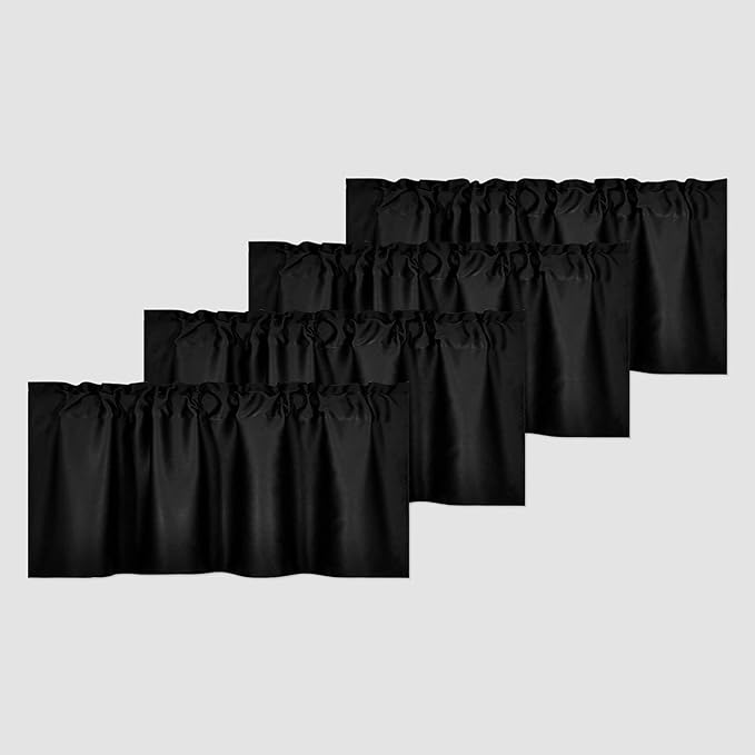 4 Panels Black Valance for Windows 42x18 Inch Solid Thermal Insulated Blackout Rod Pocket Kitchen Short Curtain Toppers Valance for Bathroom Living Room