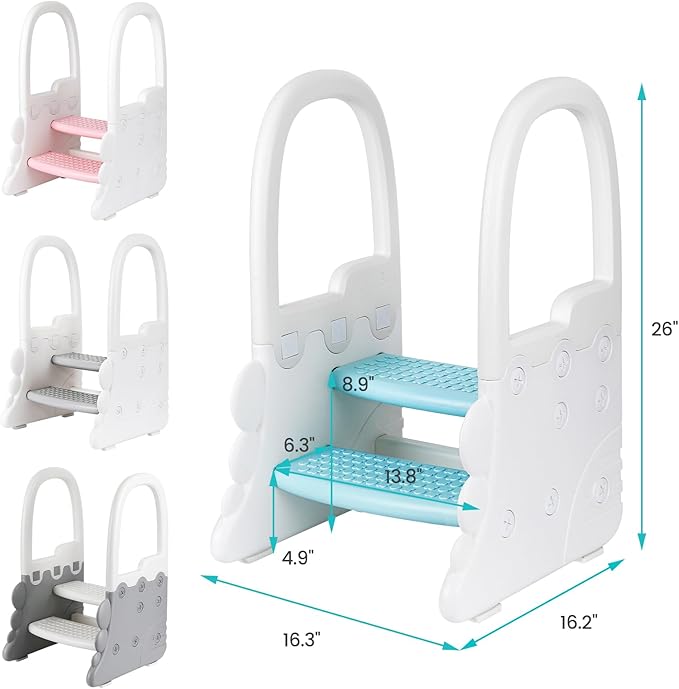 Toddler Step Stool for Bathroom Sink, Two Step Stool with Handles for Kids, Toilet Stool Potty Training, Plastic Ladder Toddler Helper Stool for Bedroom, Anti-Slip Stool for Kitchen Counter Blue