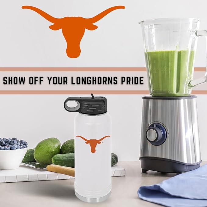 University of Texas at Austin 32oz Stainless Steel Double Walled White Beverage Bottle with Flip Straw Spout - College Gear for Playoff Season – For Office, Home or Auto – Show your Longhorn Pride