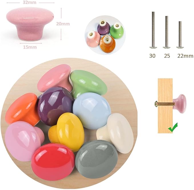 10x Colorful Cute Glossy Ceramic Knobs Door Pull Knob Cabinet Round Ceramic Drawer Cupboard Kitchen Dresser Kids Child Pulls Wardrobe Handles 32mm/1.25"