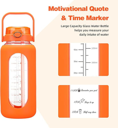 SIEROZUR 64oz Glass Water Bottle with Straw and Handle Lid Half Gallon Motivational Glass Bottle with Silicone Sleeve and Time Marker Large Reusable Sports Water Jug for Gym Home Workout