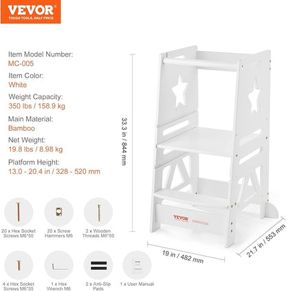 VEVOR Tower Step Stool, 3-Level Height Adjustable Toddler Step Stools for Kids, Kitchen Stool Helper, Bamboo Standing Tower Learning Stool with Safety Rail for Kitchen Counter Bathroom, 350LBS, White