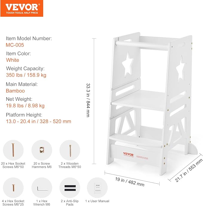 VEVOR Bamboo Tower Step Stool for Kids and Toddlers, 3-Level Height Adjustable Bamboo Toddler Kitchen Step Stool, 350LBS Loading Tower Stool with Safety Rail for Kitchen Counter Bathroom, White