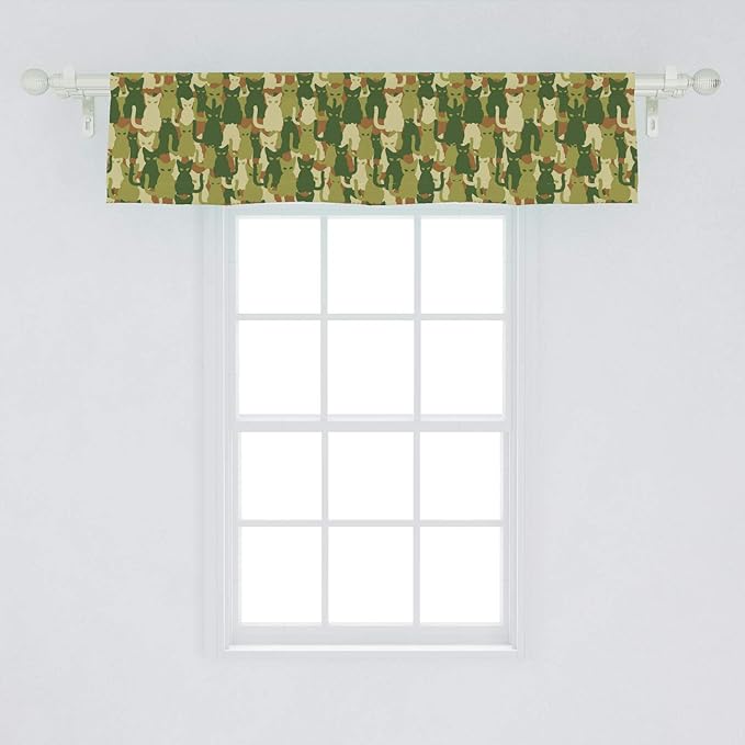 Ambesonne Camo Window Valance, Kitten Silhouette Protective Cat Theme in Jungle Colors Animal Silhouettes, Curtain Valance for Kitchen Bedroom Decor with Rod Pocket, 54" X 12", Green Cream