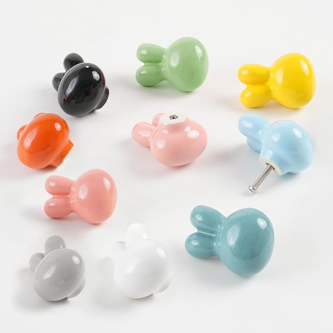 10x Colorful Cute Glossy Ceramic Knobs Bunny Rabbit Shape Lovely Door Pull Knob Cabinet Closet Ceramic Drawer Cupboard Kitchen Dresser Kids Child Bedroom Pulls Wardrobe Handles