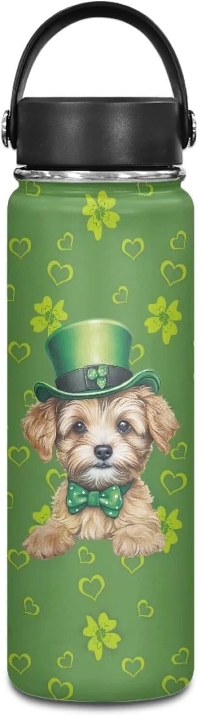 ZOUTAIRONG Dog Insulated Water Bottle 18 oz Green Stainless Steel Water Bottles for Travelling, Camping, Cycling Water Bottle Vacuum Cup St. Patrick's Day Green Leaves Holiday Gifts