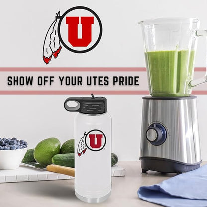 University of Utah 32oz Stainless Steel Double Walled White Beverage Bottle with Flip Straw Spout - College Gear for Playoff Season – For Office, Home or Auto – Show your Utes Pride