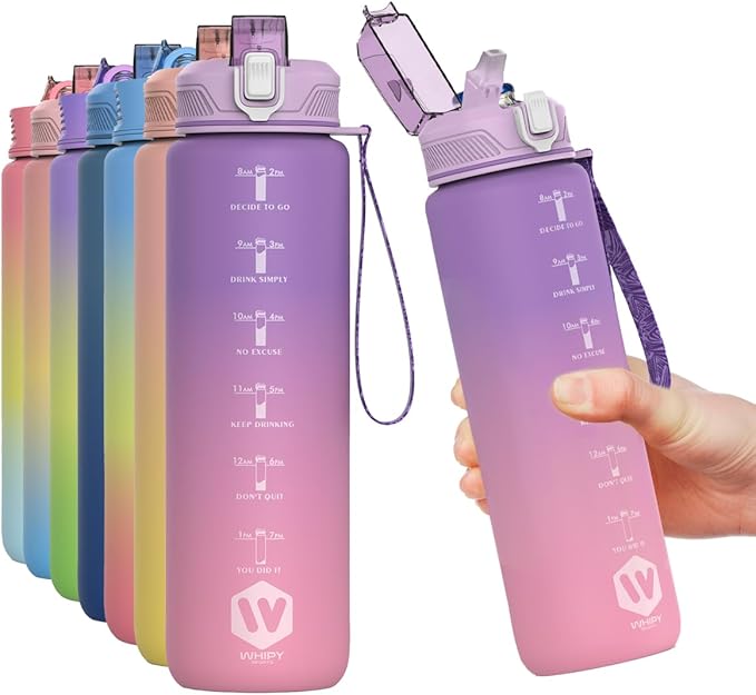 1L Water Bottle with Straw - Leak-Proof & BPA Free Reusable Sports Bottle - Motivational Time Markings for Hydration Durable Drink Bottle for Gym, Sports, Outdoor (Purple and Pink)