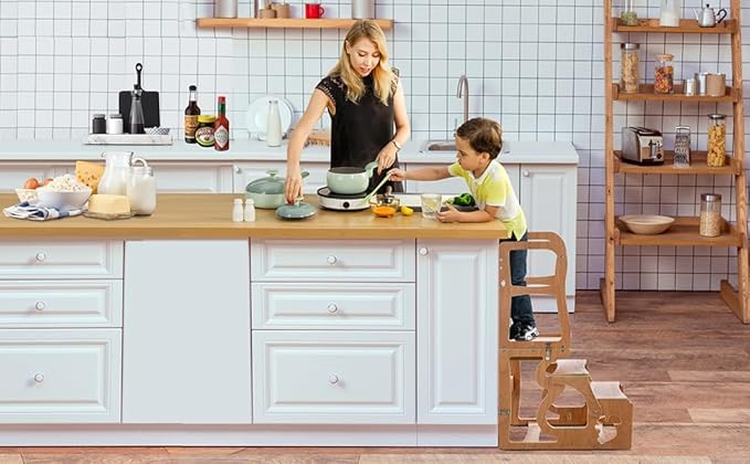 Toddler Tower Kitchen Stool Helper-Montessori Standing with Chalkboard, 3 in 1 Step Stools for Kids Back, Learning Wooden Kitchen, Free Hands, Easy Assembly Playing Toys or Studying