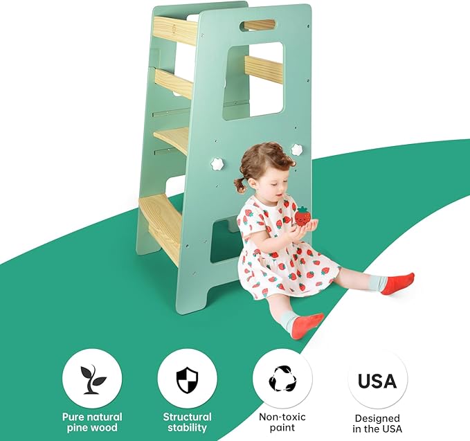 WOOD CITY Kitchen Step Stool - Safe Montessori Standing Tower for Kids with Safety Rail, Height Adjustable Toddler Ideal Helper for Learning New Skills, Anti-Slip Protection for Bathroom - Green…