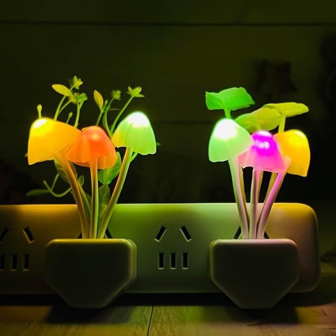 2 Pack Sensor LED Night Lights, Color Changing Plug-in Led Mushroom Dream Bed Lamp for Kids Children Adults, Dusk to Dawn Sensor Auto On/Off, Funny Wall Decor Gifts for Nursery Baby Bed Flower Lamp