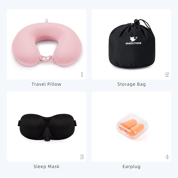 Travel Pillow, Cooling Neck Pillow Airplane Memory Foam with Sleep Mask Earplugs, Soft & Support Airplane Pillow for Travelling Plane Car Train Home Use, Pink