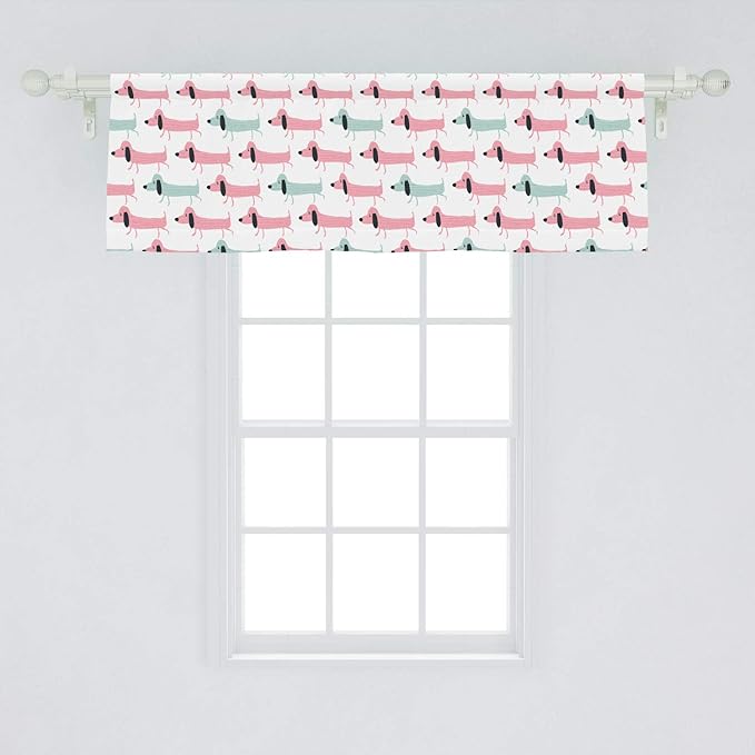 Ambesonne Dachshund Window Valance, Pattern with Funny Cartoon Sausage Dogs, Curtain Valance for Kitchen Bedroom Decor with Rod Pocket, 54" X 18", Seafoam Pink