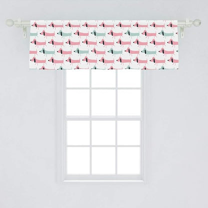 Ambesonne Dachshund Window Valance, Pattern with Funny Cartoon Sausage Dogs, Curtain Valance for Kitchen Bedroom Decor with Rod Pocket, 54" X 18", Seafoam Pink