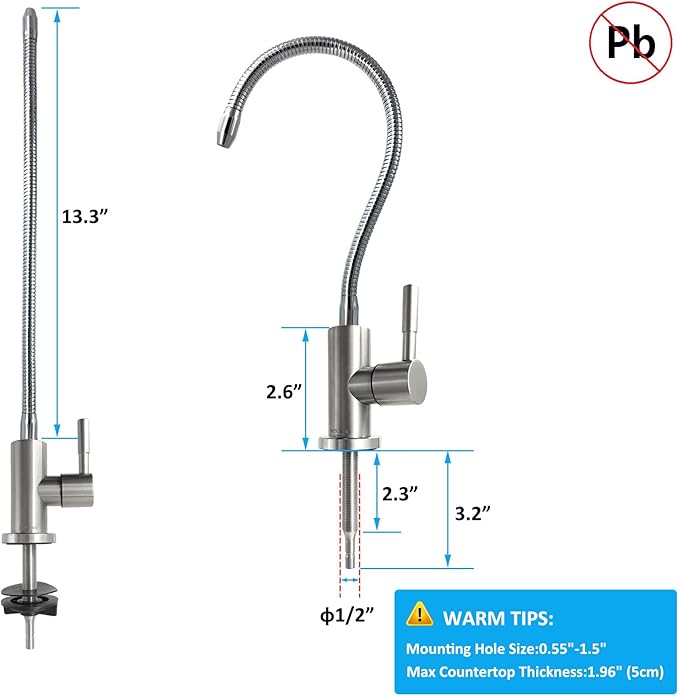 2024 Lead-Free Drinking Water Faucet with Flexible Gooseneck, SUS304 Stainless Steel Beverage Kitchen Water Filter Faucet Fits Most Water Purifier Filter Filtration Systems or Reverse Osmosis Units