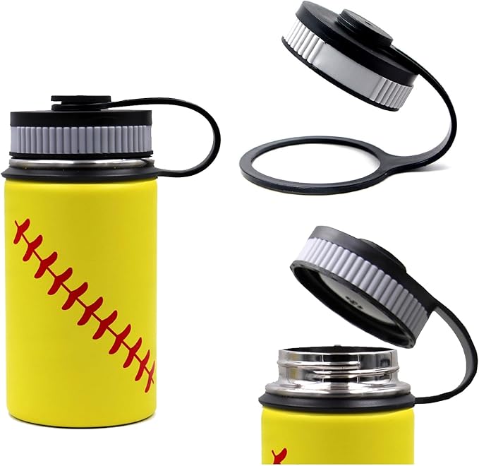 12 oz Softball Water Bottle, Flask Sports with 2 Lids 18/8 Stainless Steel Tumbler Double Wall Vacuum Insulated Hot/Cold (12oz, Yellow Softball)