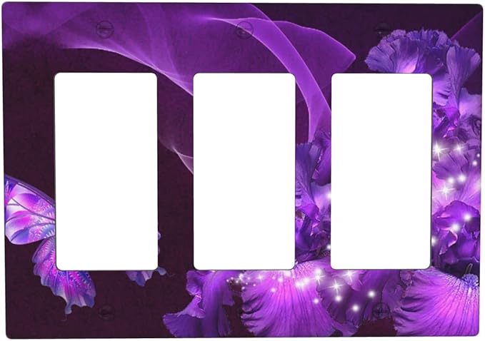 Purple Butterfly Flower Triple Rocker Light Switch Wall Plate Cover Decorative 3-Gang for Outlet Girls Room Bathroom Bedroom Home Kitchen Three Decora Receptacle Polycarbonate Power Gear 4.5" x 6.38"