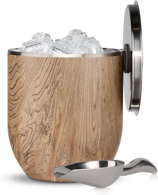 SNOWFOX Plus, Premium Vacuum Insulated Stainless Steel Ice Bucket with Lid/Scoop,Home Bar Accessories,Elegant Bartending Ice Bucket for Parties,Beautiful Outdoor Entertaining Supplies,3L,Natural Teak