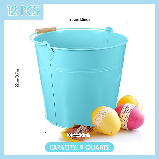 12 Pcs Large Galvanized Metal Buckets with Handle 10 Inch Heavy Duty Stainless Steel Pails Round Pail for Party Wedding, Crafts, Utensils, Table Centerpieces (Light Blue)