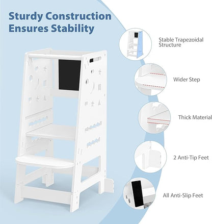 Toddler Tower, Learning Kitchen Tower Height Adjustable with Removable Safety Net, Non-Slip Mats, Chalk/Whiteboard, Standing Tower for Toddlers Cooking & Learning