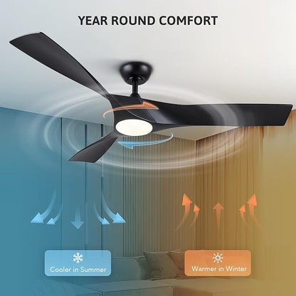 VONLUCE Ceiling Fan with Light and Remote Control, 52 Inch Modern Fan with 3 Blades Noiseless DC Motor for Bedroom, Living Room, Kitchen, Study, Black