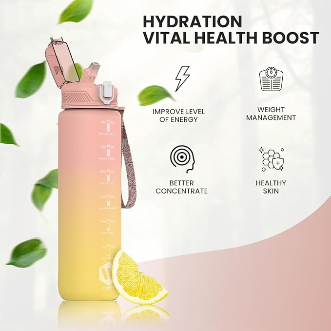 1L Water Bottle with Straw - Leak-Proof & BPA Free Reusable Sports Bottle - Motivational Time Markings for Hydration Durable Drink Bottle for Gym, Sports, Outdoor (Pink and Yellow)