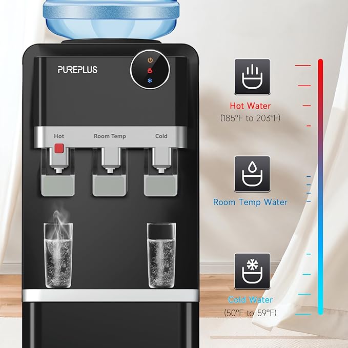 PUREPLUS Top Loading Water Cooler Dispenser, Water Cooler for 3 or 5 Gallon Bottles, Hot & Cold Water, 3 Temperature Settings with Child Safety Lock, Removable Drip Tray for Home, Office, & More