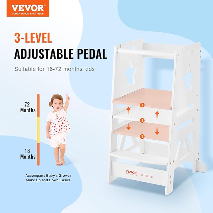 VEVOR Tower Step Stool, 3-Level Height Adjustable Toddler Step Stools for Kids, Kitchen Stool Helper, Bamboo Standing Tower Learning Stool with Safety Rail for Kitchen Counter Bathroom, 350LBS, White