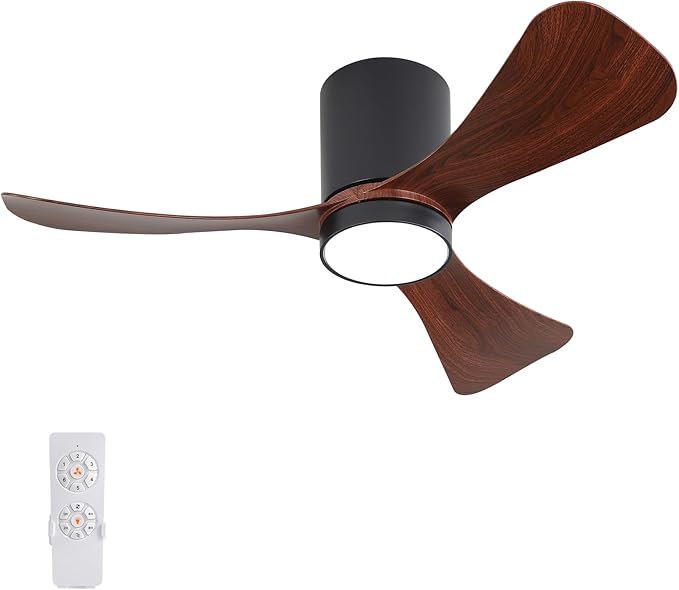 42 Inch Low Profile Ceiling Fan with Lights, Modern Flush Mount Ceiling Fan, 3 ABS Blades, 6-Speed, Reversible DC Motor, Noiseless, for Indoor/Outdoor Kitchen Bedroom, Black+Walnut