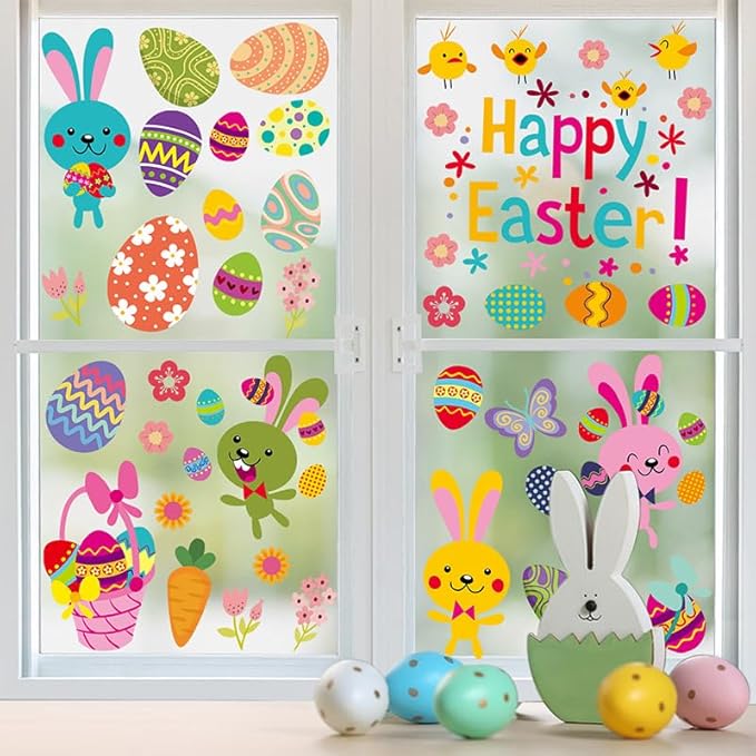 54 Pcs Easter Window Clings Easter Eggs Bunny Window Decorations Stickers for Glass Windows for Easter Window Decorations, 9 Sheets Bunny Decor for Kids Shcool Home (Happy)