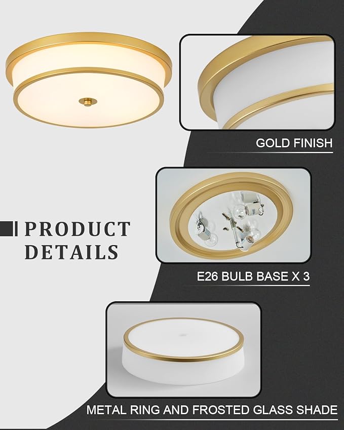 16 inch Flush Mount Ceiling Light, 3-Light Close to Ceiling Light Fixtures with Gold Finish for Livingroom Bedroom Kitchen Diningroom (Gold)