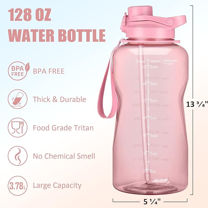 1 Gallon Water Bottle with Sleeve-128 oz BPA Free Large Leakproof Sport Plastic Motivational Water Bottle with Straw & Strap & Insulated Neoprene Holder Carrier Bag-Big Gym Water Jug for Women Men