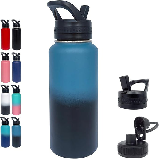 1pack 32 oz Insulated Water Bottle With Straw, Stainless Steel Sports Water Cup Flask with 2 Lids, Wide Mouth Travel Thermal Mug,Navy Black