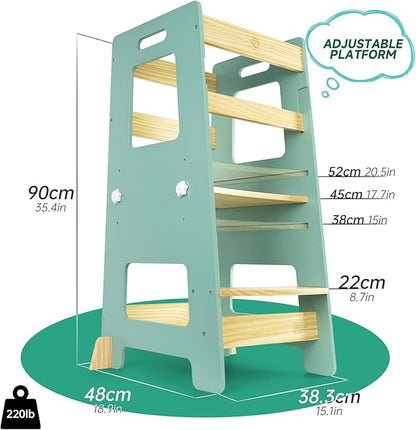 WOOD CITY Kitchen Step Stool - Safe Montessori Standing Tower for Kids with Safety Rail, Height Adjustable Toddler Ideal Helper for Learning New Skills, Anti-Slip Protection for Bathroom - Green…