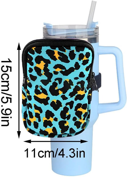 1 Pack Double Pockets Water Bottle Pouch Fit for Stanley Quencher Adventure 40oz & 30oz & 20oz Tumbler, Gym Water Bottle Pouch Running Water Bottle Handheld Caddy - Blue Leopard Print