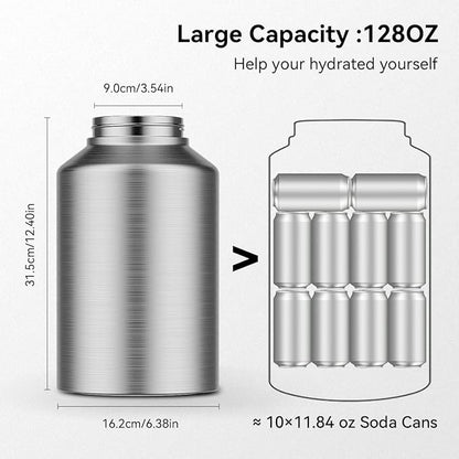 1 Gallon Water Bottle Insulated with Straw, Spout & Handle, 128oz Cne Gallon Water Jug with Carrier Bag w/Strap, Stainless Steel Big Water Bottle, Wide Mouth, Leak Proof, Large