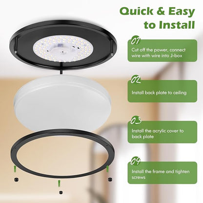 2-Pack 36W LED Flush Mount Ceiling Lights, 3000LM Black Ceiling Light Fixtures, 5 Color in One (2700K/3000K/4000K/5000K/6500K), 12'' Modern Round Ceiling Lamp for Kitchen Hallway Stairwell Offices