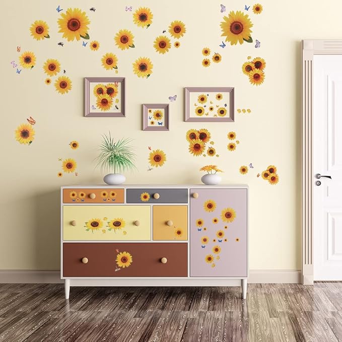 135 Pcs Sunflower Wall Sticker, Removable Sunflower Stickers Waterproof 3D Sunflower Wall Decor Stickers for Kids Mothers Day Decorations Bathroom Kitchen Decor Decals