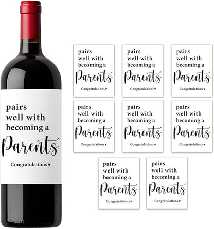 (8 Pcs) Parents Pregnancy Baby Announcement Wine Labels, Funny Pregnancy Baby Announcement Gifts for New Parents, Pairs Well With Becoming A Parents Wine Bottle Stickers Labels