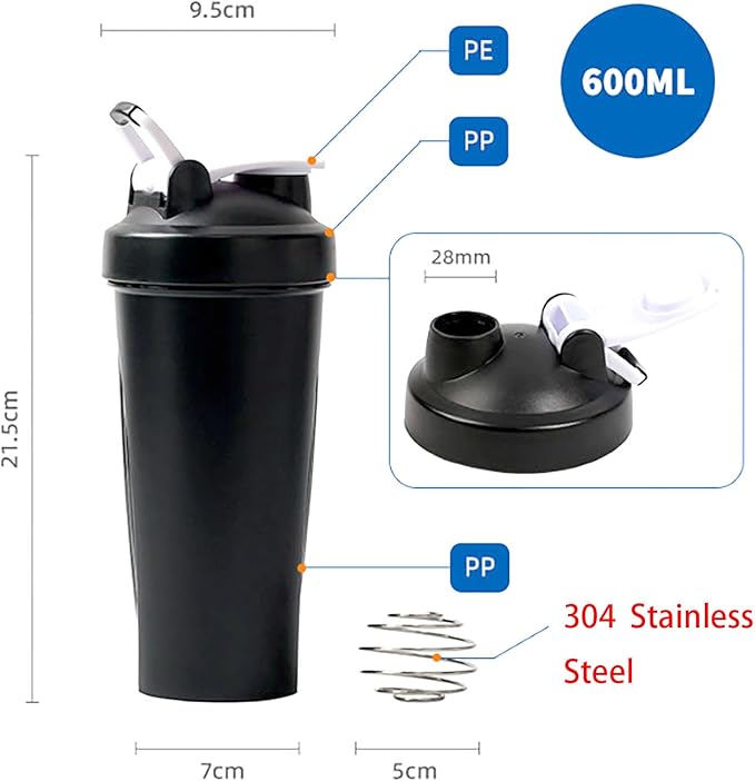 YIKANGHENG 20 OZ Mixed Bottles, 600ML Black 8.5 Inch Thick Plastic Shaker Sports Bottle for Outdoor and Bar (Black)