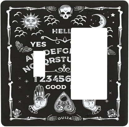 Black Witchy Skeleton Skull Gothic Sun Moon 2 Gang Single Toggle Rocker Combination Novelty Light Switch Covers Decorative Unique Wall Plate Cover Electrical Faceplate Switchplate for Home