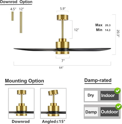 64" Wood Ceiling Fan with Lights and Remote Control, 3 Blades 6-Speed Dimmable Light Reversible DC Motor Ceiling Fan for Kitchen Bedroom Dining Living Room, Black Wood Blades with Gold